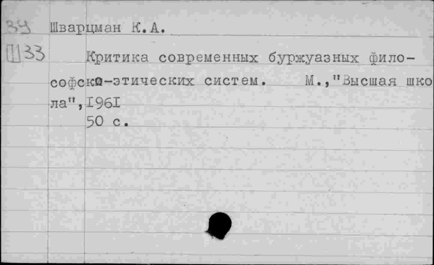 ﻿Шварцман К.А.		
	Критика современных буржуазных философско-этических систем.	М.,’’Высшая шко ля’’19А1	
		50 с.
		
		
		
		
		
			